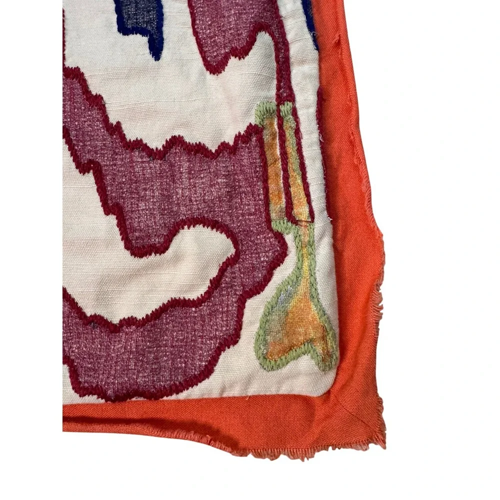 Pottery Barn Ikat Embroidered Pillow Cover 24x24 Orange Purple‎ Linen Cotton